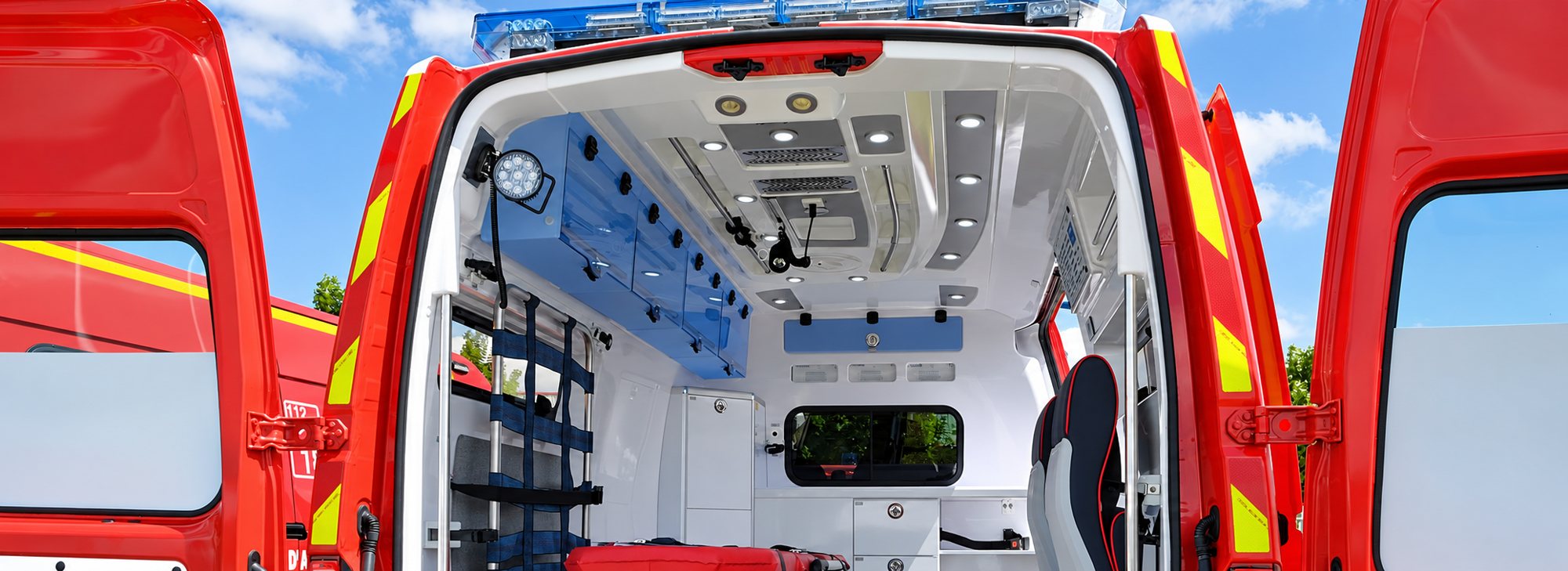 Vue arrière d'une ambulance rouge aux portes ouvertes, montrant l'intérieur blanc et bleu avec rangements, éclairage et siège.